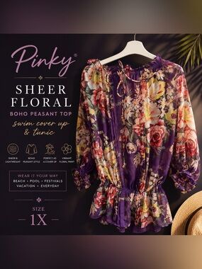 Pinky Purple Floral Sheer Tunic Cover Up Boho Top 1X